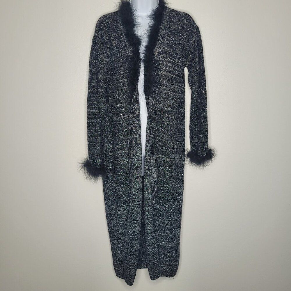 Vintage y2k Midnight Velvet black silver feather trim duster cardigan size med